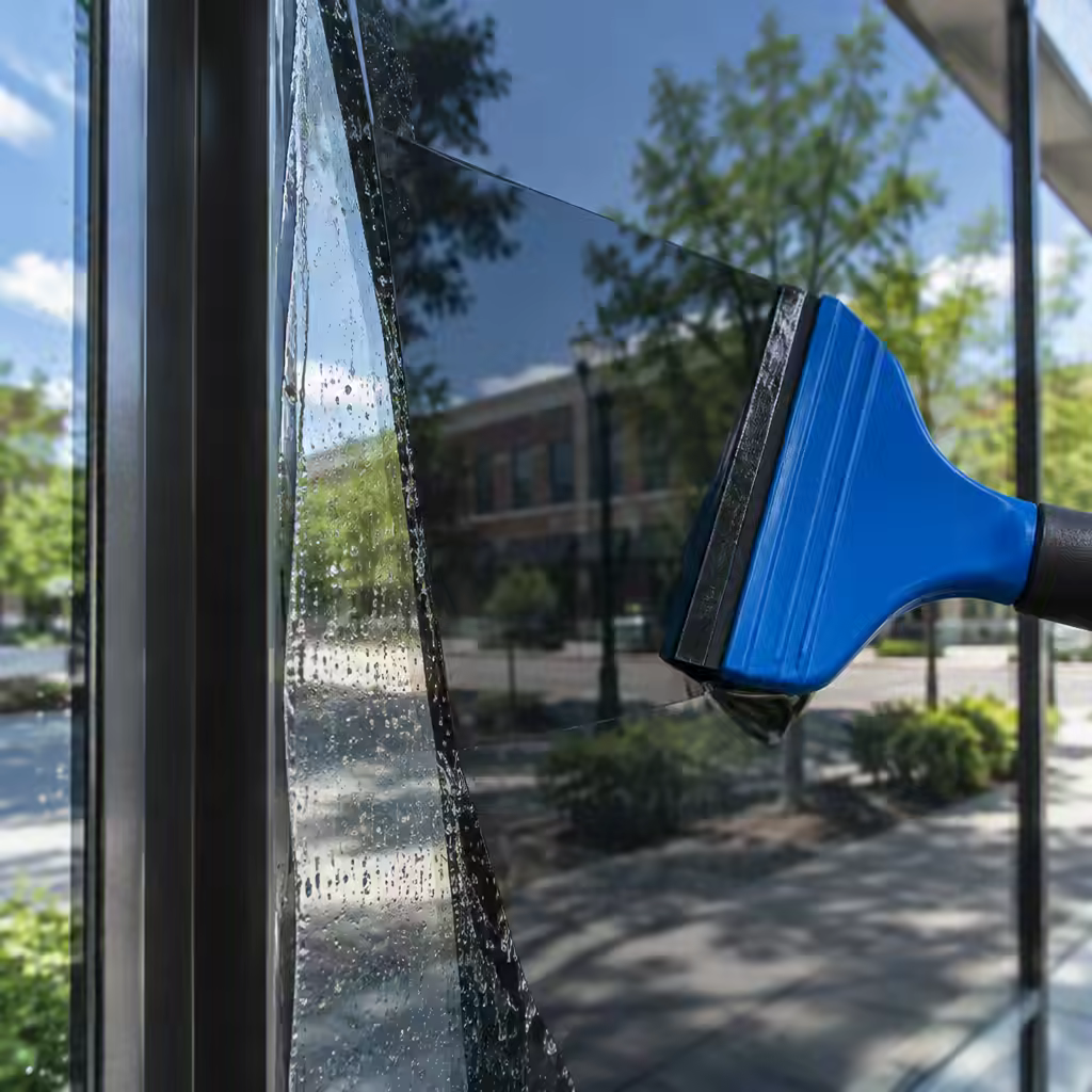 Close-up of solar film being applied to storefront glass
