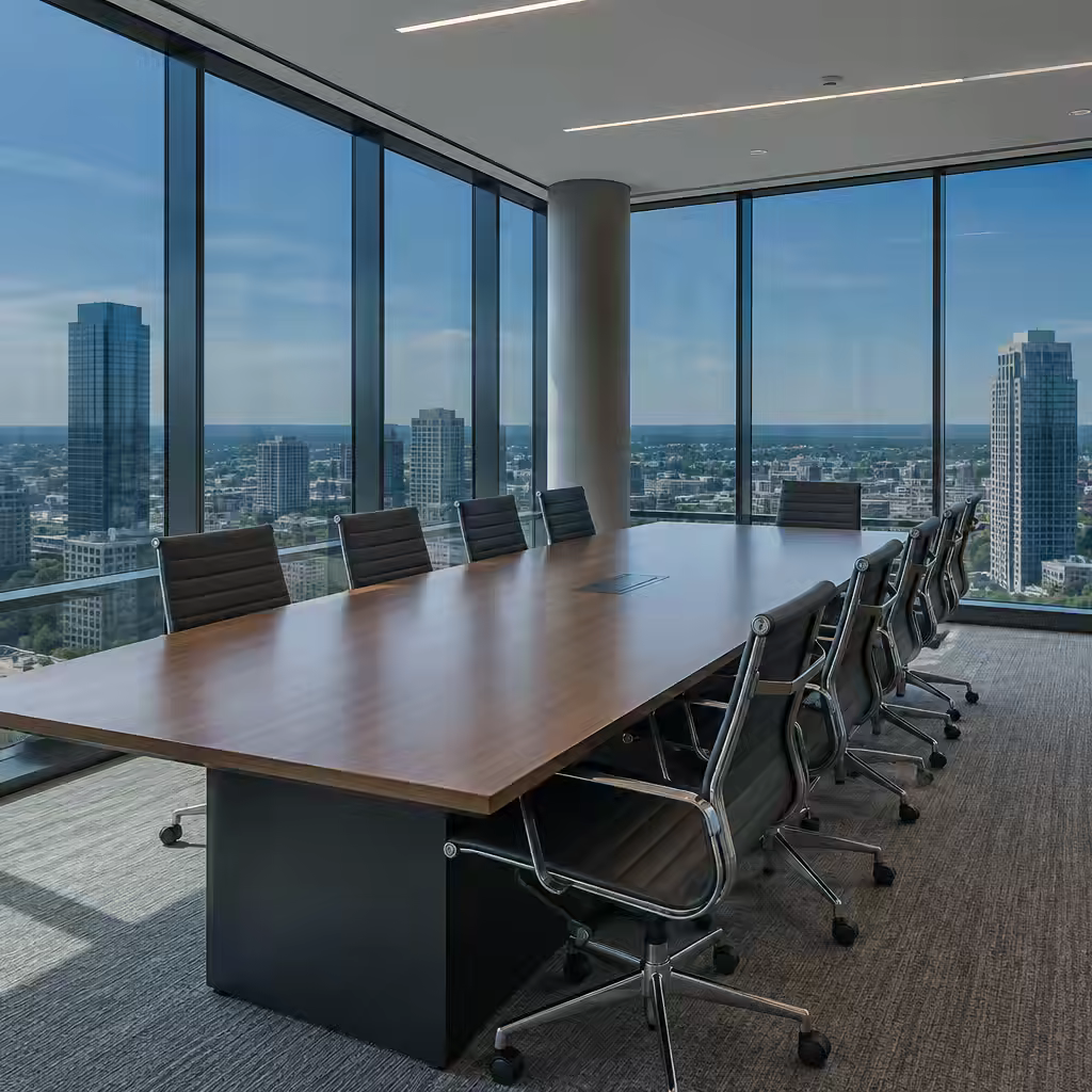 Conference room with glare-reducing window film