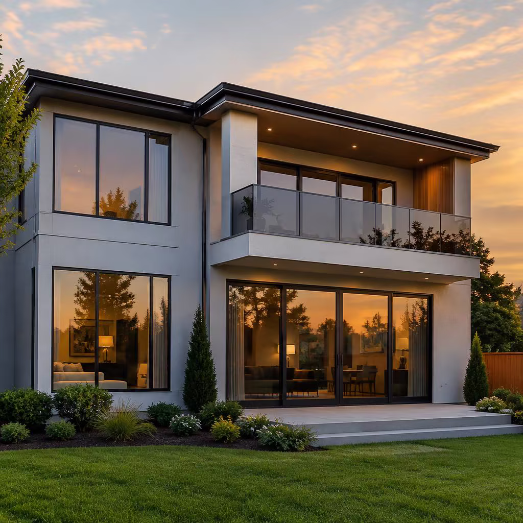 Modern home exterior with tinted windows at dusk