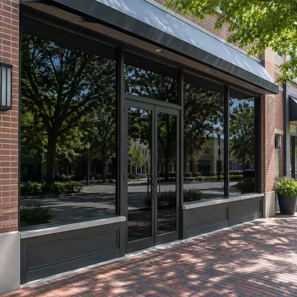 Tinted storefront glass on a corner retail shop