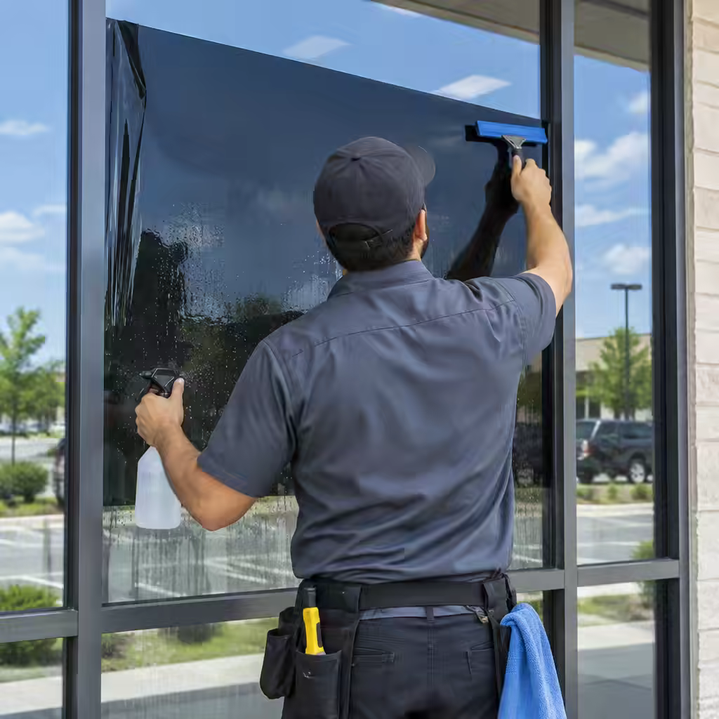 Commercial Glass Tint installer applying window film